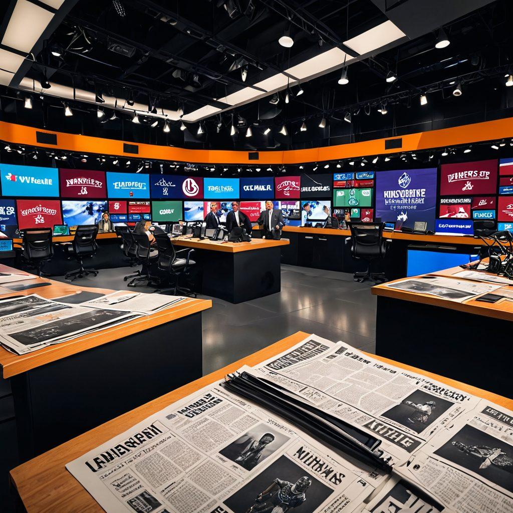 A dynamic scene featuring diverse sports media professionals engaged in live broadcasts, surrounded by cameras and monitors displaying thrilling sports highlights. Capture the intensity of the broadcast studio with vibrant colors highlighting the excitement of sports, showcasing various sports memorabilia in the background. Include elements like a microphone, soundboard, and newspaper clippings around the professionals to emphasize the storytelling aspect of sports media. ultra-realistic. vibrant colors. studio setting.