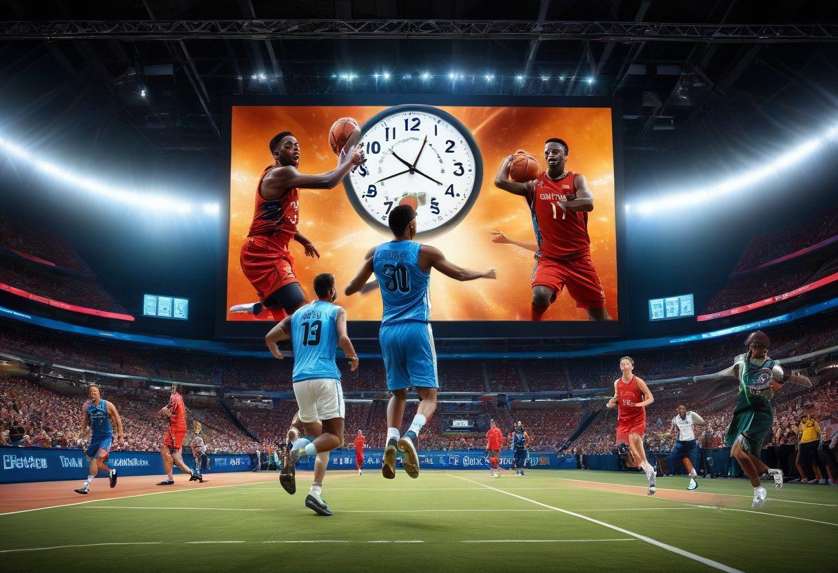 A dynamic collage of various sports, featuring athletes in action across football, basketball, and tennis, with vibrant LED scoreboard graphics showing live scores and updates. Incorporate a clock indicating real-time updates and energetic fans in the background, celebrating. The overall atmosphere should be electrifying, capturing the essence of real-time sports excitement. super-realistic. vibrant colors. 3D.