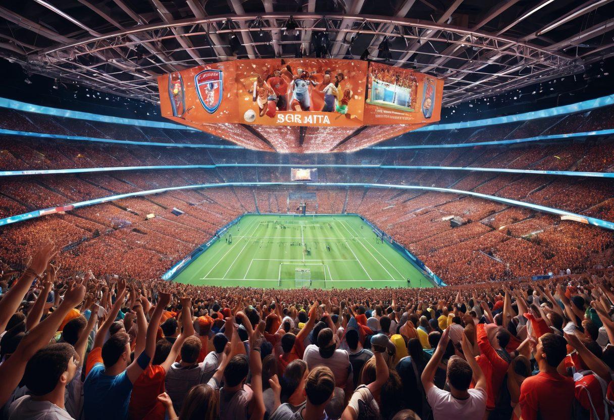 A dynamic scene capturing the thrill of live sports streaming, featuring passionate fans cheering in a packed stadium, with vibrant screens displaying live updates and athletic performances. Incorporate elements like floating chat bubbles for interactivity and a diverse range of sports represented. The background should showcase various sports icons and equipment, creating an energetic atmosphere. super-realistic. vibrant colors. 3D.
